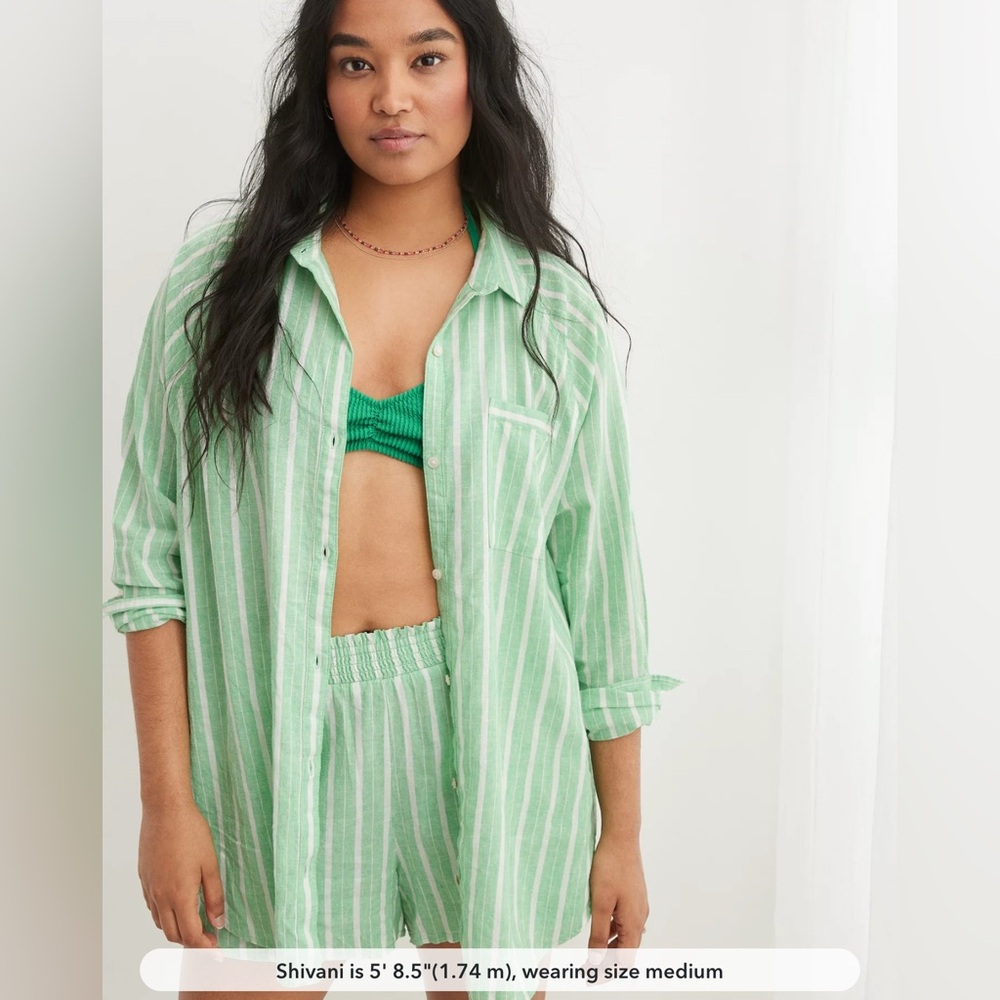 NWT Aerie Linen Blend Cover Up Green Striped Shirt Pool coastal beachy Pastel XS